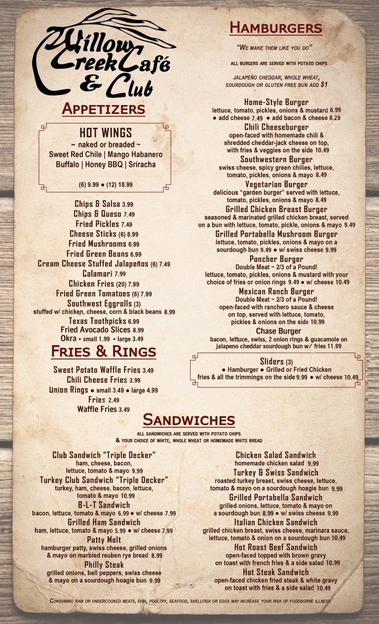 Our Menu Willow Creek Cafe & Club
